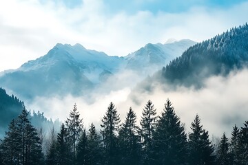 Wall Mural - Misty Mountain Landscape with Evergreen Trees