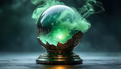 Wall Mural - Enigmatic crystal ball glowing with ethereal green smoke atop an intricately designed pedestal