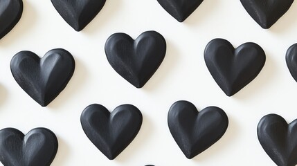 Wall Mural - Row of black hearts are arranged on a white background. The hearts are all the same size and shape, and they are all facing the same direction. Concept of unity and harmony