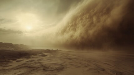 Wall Mural - sandy desert with a large cloud of dust in the distance. the sun is setting in the background