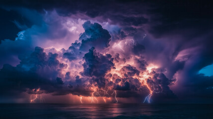 Wall Mural - stormy sky with a large cloud of lightning and rain. the sky is dark and the water is calm