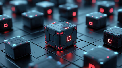 A close up of a bunch of cubes with one of them being red