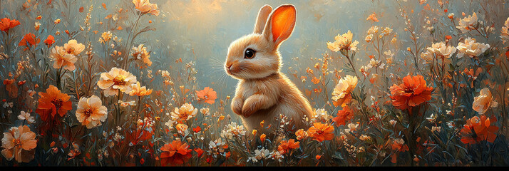 Sticker - A sweet bunny rabbit peeks out from a field of flowers.