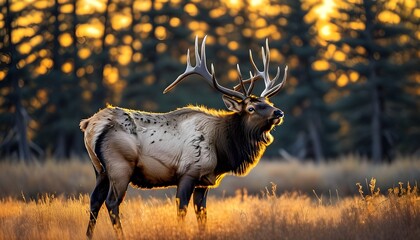 Elk with impressive antlers in a sunlit forest clearing during sunset