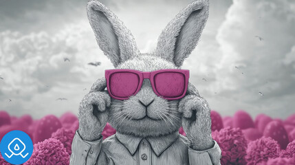 Canvas Print - A cool bunny wearing pink sunglasses stands in a field of pink flowers.