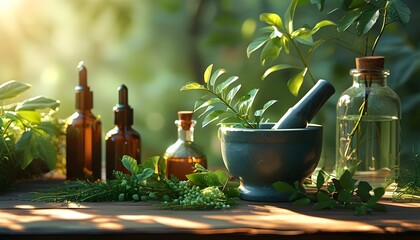 Tranquil still life of mortar and pestle, glass bottles, and green plants illuminated by soft sunlight