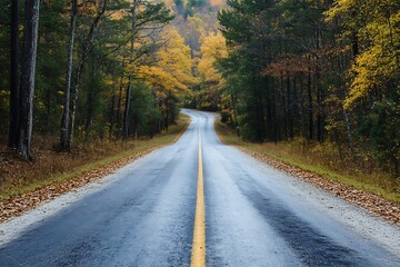 Canvas Print - Asphalt road leading through the forest in autumn