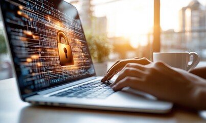 Data Security: Close-Up of Laptop with Digital Padlock Icon