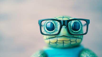 Wall Mural - A green turtle wearing black-framed glasses.