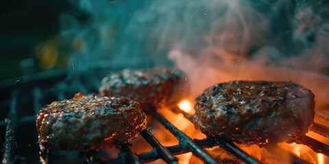 Canvas Print - Close-up view of three burgers being grilled.