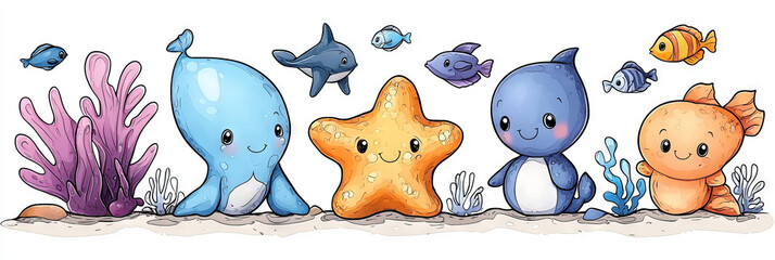 Canvas Print - Cute cartoon sea creatures with happy expressions