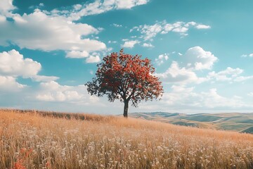 Poster - Single tree on a hill in golden field, blue sky and white clouds, nature landscape