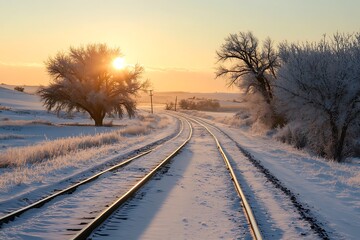 Poster - Winter sunrise over a snowy landscape with a railroad track stretching into the distance