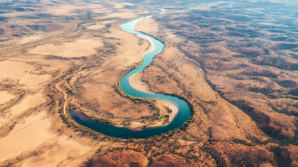 Aerial view of winding river in arid landscape. Winding River. Illustration