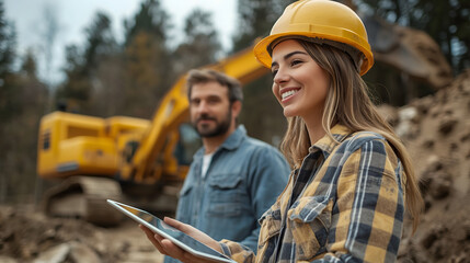 Hispanic Female Inspector Talking to Caucasian Male Land Development Manager With Tablet On Construction Site Of Real Estate Project. Excavators Preparing For Laying Foundation. Hot Sunny Day