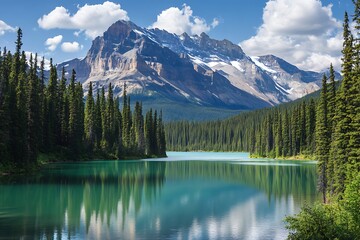 Canvas Print - Majestic Mountain Peak Reflecting in Calm Turquoise Lake with Lush Forest in Foreground