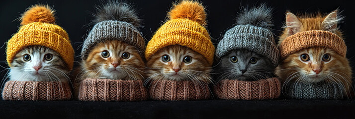 Sticker - Five adorable kittens wearing knitted hats and scarves,  ready for winter!