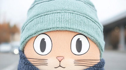 Sticker - Close-up of a cat wearing a knitted hat and scarf.