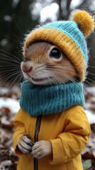 Sticker - Cute squirrel in a blue knit hat and yellow jacket.