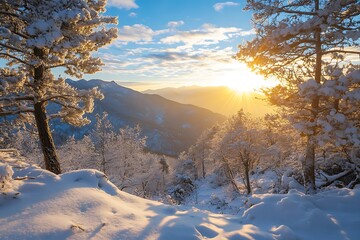 Wall Mural - Golden sunset over snowy mountain range with pine trees in foreground