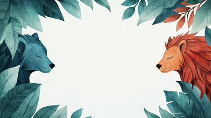 Wall Mural - A blue bear and a lion facing each other,  peacefully nestled in leafy foliage.