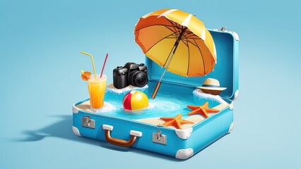 A suitcase filled with beach-themed items, including a drink, camera, and beach ball.