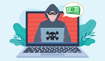 flat design illustration. A hacker is visible on the laptop screen. Hacking code appears behind the hacker in the background. The hacker is in a hood with a mask on his face. 