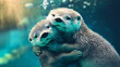 © Stefan - Adorable funny otter couple embracing underwater, their furry paws intertwined as they float happy in the river, showcasing the cute and playful nature of these aquatic mammals in the wild, love