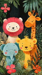 Wall Mural - Cute cartoon animals in a jungle setting.