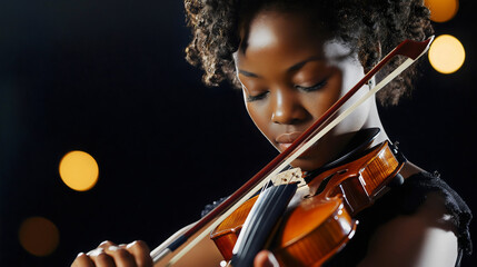 Beautiful young African American female violinist playing classical music indoors, showcasing her talent art and passion, professional musician performing solo with a bow violin in symphony concert