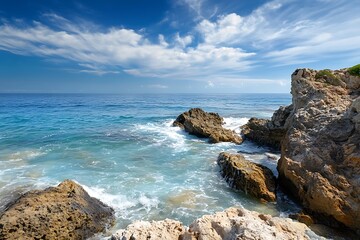 Canvas Print - Blue sea waves crashing against rocky coast on a sunny day