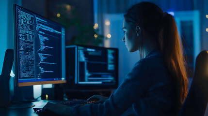 Young woman female programmer developer sitting at office desk late at night, working on a software development project, typing code on multiple computer screens, online technology data, business