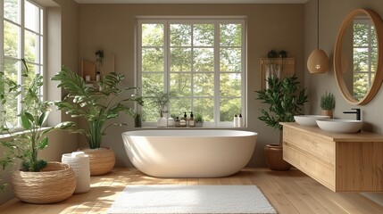 Wall Mural - The bathroom is decorated with plants and has a natural, calming atmosphere.