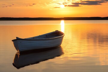 Poster - White Rowboat on Calm Water at Sunset