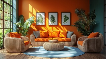 Wall Mural - Tropical livingroom featuring rattan furniture palm.