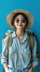 Poster - A woman wearing a straw hat and sunglasses is smiling and posing for a photo. She is wearing a blue shirt and jeans and has a backpack on her back