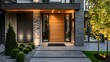 © MR. INVINCIBLE - Modern entrance, simple wooden front door, simple white house facade with brown natural wood door