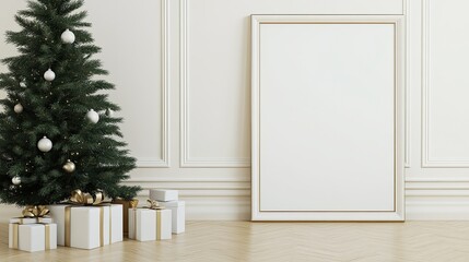 Wall Mural - An elegant room showcases a gold-edged poster frame leaning against the wall beside a decorated Christmas tree and neatly wrapped gifts, creating a festive atmosphere