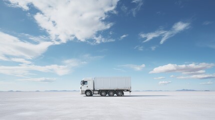 A large white truck captured in the middle of a vast, white, flat landscape under a blue sky with scattered clouds, emphasizing solitude and adventure.