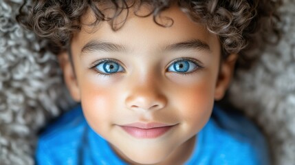 Poster - A young boy with blue eyes and a blue shirt is smiling. Concept of happiness and innocence