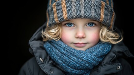 Poster - A young blonde girl wearing a blue scarf and a striped hat. She has a blue eye and a pinkish nose