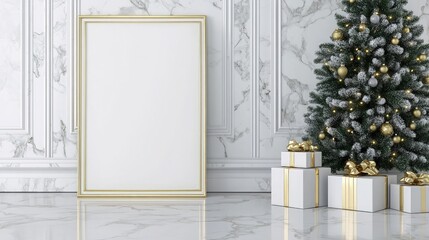 Wall Mural - An elegant room showcases a gold-edged poster frame leaning against the wall beside a decorated Christmas tree and neatly wrapped gifts, creating a festive atmosphere