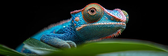 A vibrant blue chameleon with a large, curious eye.