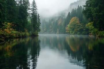 Sticker - Tranquil lake in misty forest with reflection, scenic nature background