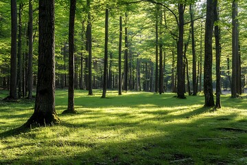 Poster - Sun shining through the trees in a lush green forest. Tranquil nature scene with dappled light and tall trees.