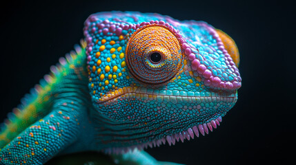 A close-up of a chameleon's colorful eye and skin.