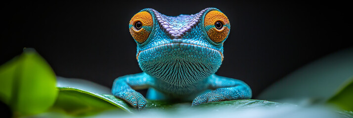 Wall Mural - Close-up of a blue chameleon with orange eyes.