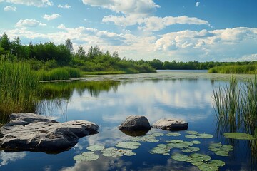 Poster - Serene lake with lily pads, rocks, and lush greenery under a bright blue sky with white clouds