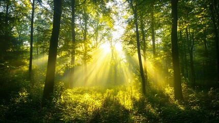 Wall Mural - Sunbeams Filtering Through a Dense Forest Canopy