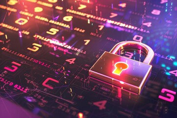 Fototapete - Colorful digital lock surrounded by numbers, symbolizing data encryption and the importance of cybersecurity in protecting sensitive information in a digital world.